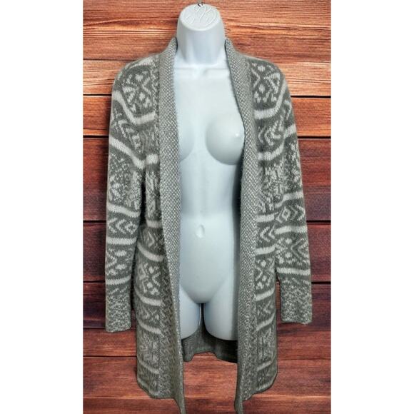 Westport Fuzzy Cardigan Sweater Sz Medium Gray White Fair Isle Long Fit Open - Picture 1 of 6